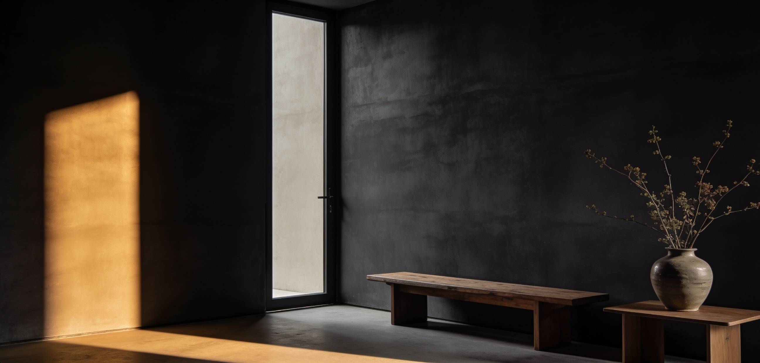 Frameless glass pivot door in dark charcoal interior with warm golden light